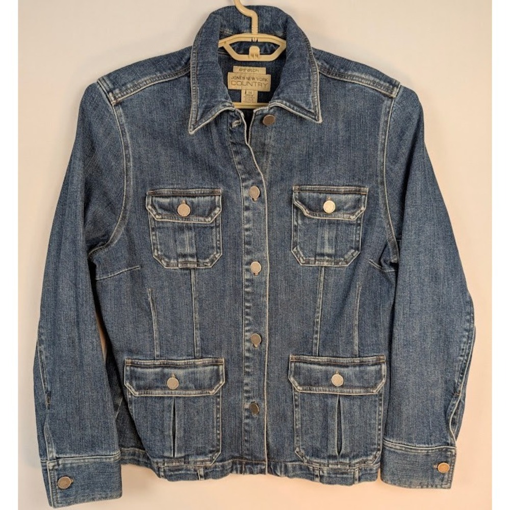 Jones New York Country Denim Jacket Womens 14‎ Blue Stretch Utility Workwear